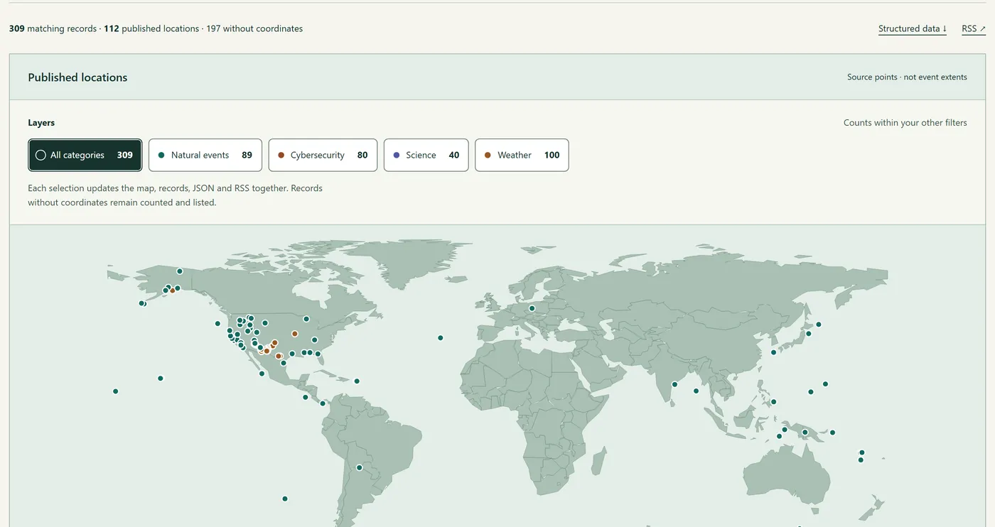 C4 World: a world map of public records with category filters for natural events, cybersecurity, science and weather.