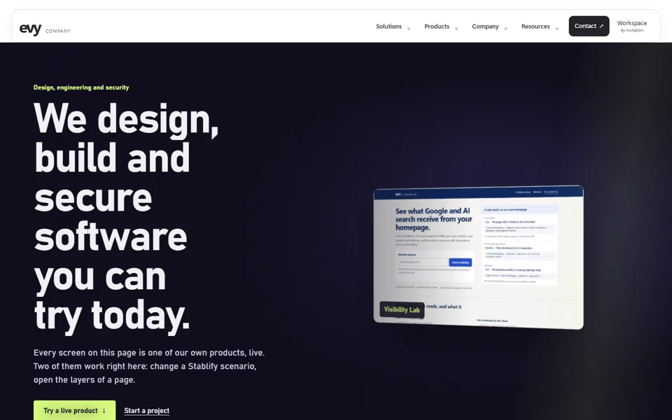 The published EVYCompany homepage